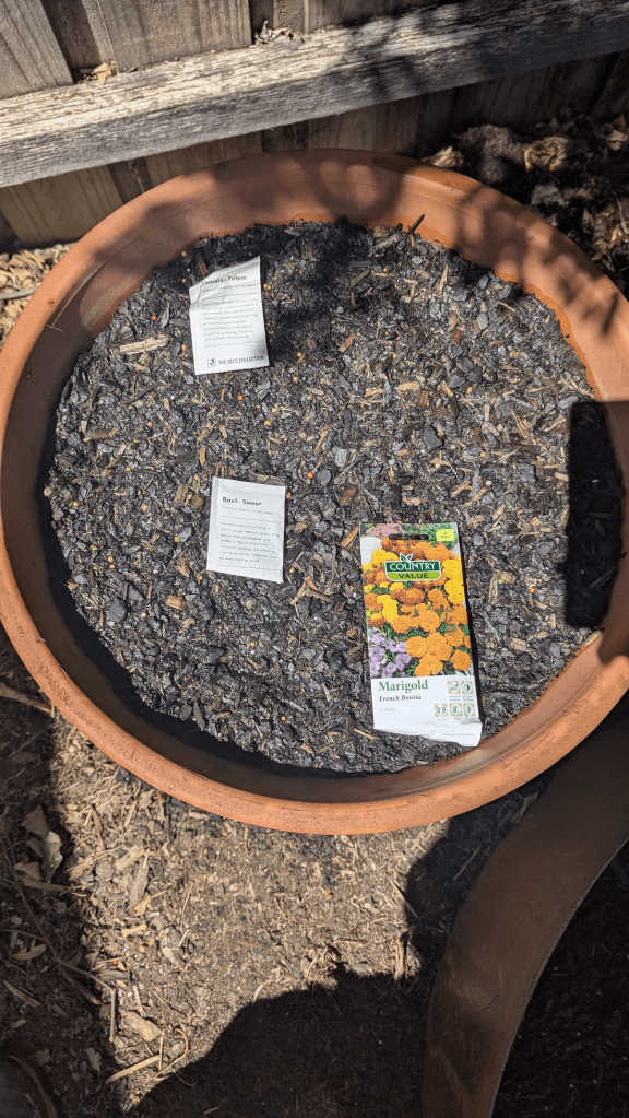 A terracotta pot filled with dark soil, featuring seed packets for marigold, basil, and calendula nestled among the mulch, placed against a wooden fence.